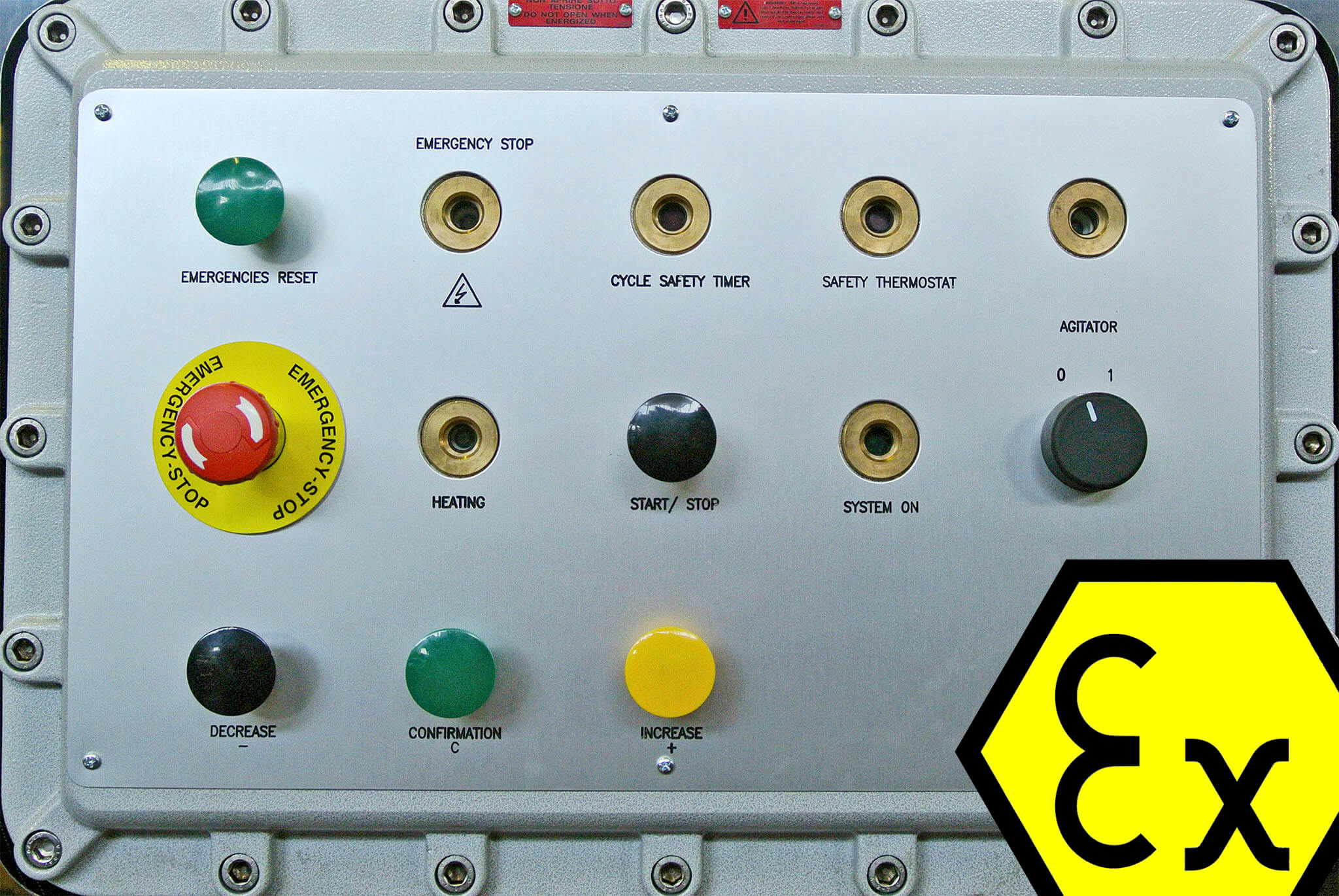 ATEX-panel-industrial heated mixing tank for liquids with ATEX logo